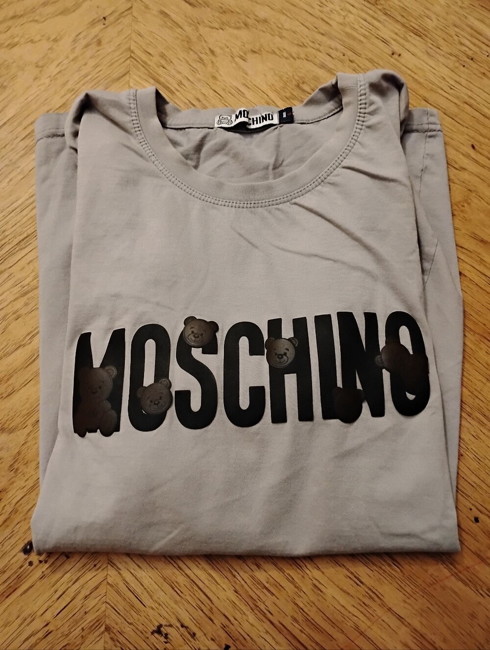 Moschino Light Gray Long Sheeve Tee with Black Logo and Teddy Motifs